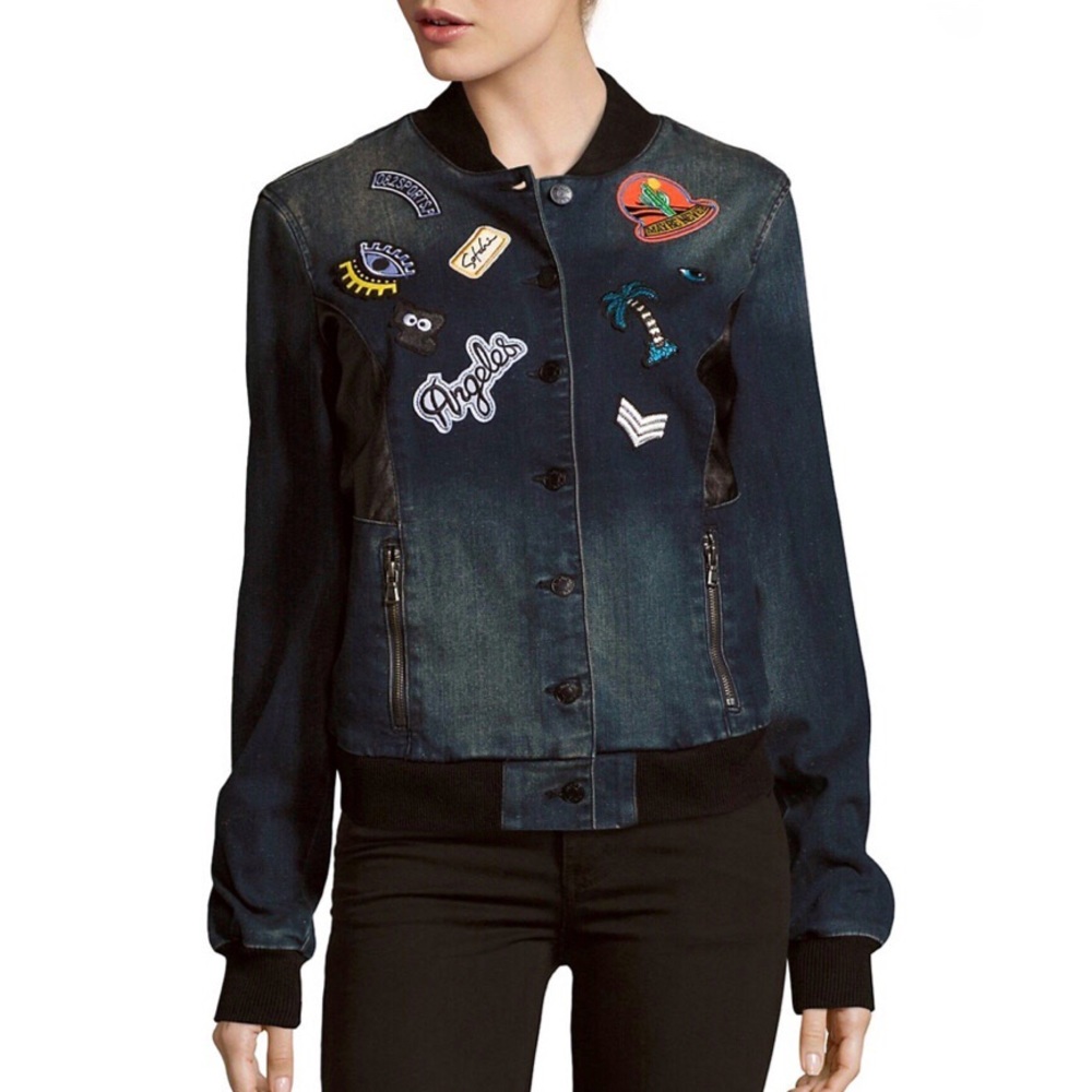 Hidden Jeans Faux Leather Denim Patchwork Bomber Jacket Size M